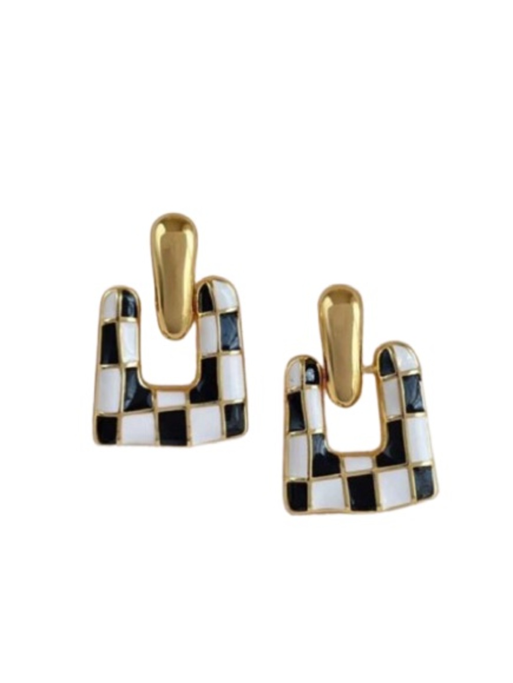 Gold & Black Check Square Hoop Earrings - Women Jewelry - Picture 2 of 3